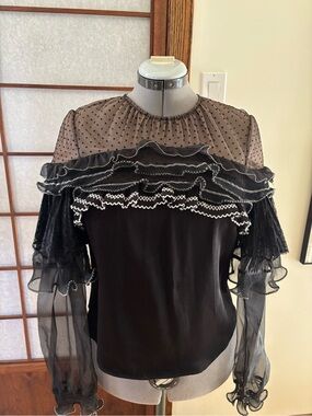 VGUC Self-Portrait Black Sheer Polka-Dot Ruffle Blouse US 8